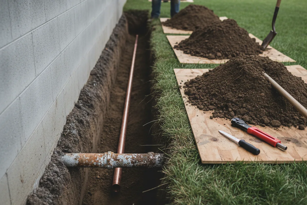 Excavated water line trench during Water Heater Repair in Franksville
